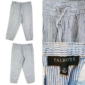 Talbots Pants Crop Linen Women’s Size 12 Blue White Striped Nantucket Lagenlook